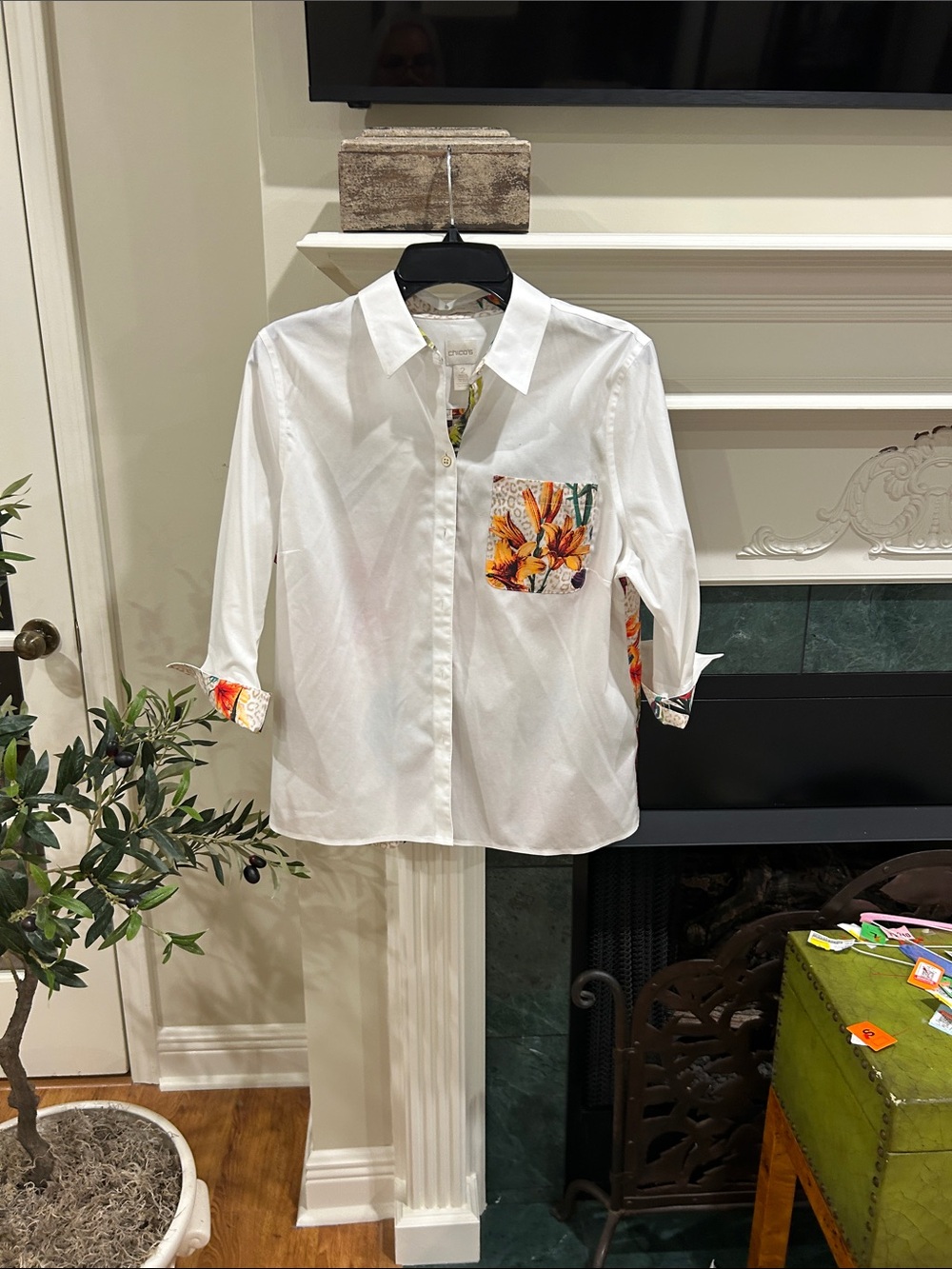 Chico's White Button-Down Shirt with Orange Floral Pocket